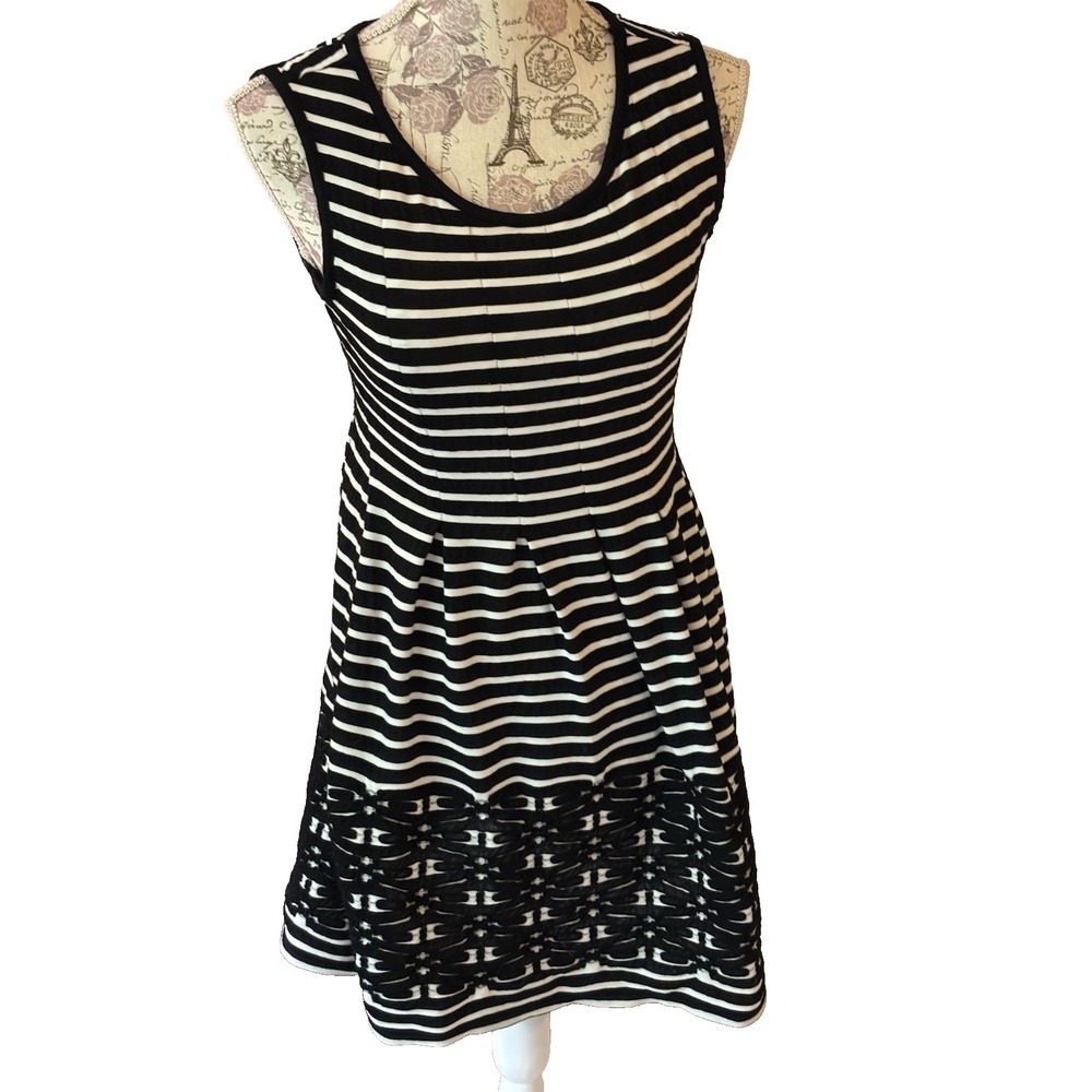 Max Studio Black White Striped Jersey Knit Shift Dress‎ Sz XS Scoop Neck Pleat